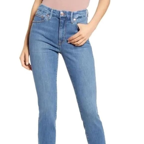 NEW GOOD AMERICAN Good Legs Skinny Jeans Indigo Blue Frayed Ankle Size 14 32/29 - Picture 1 of 8